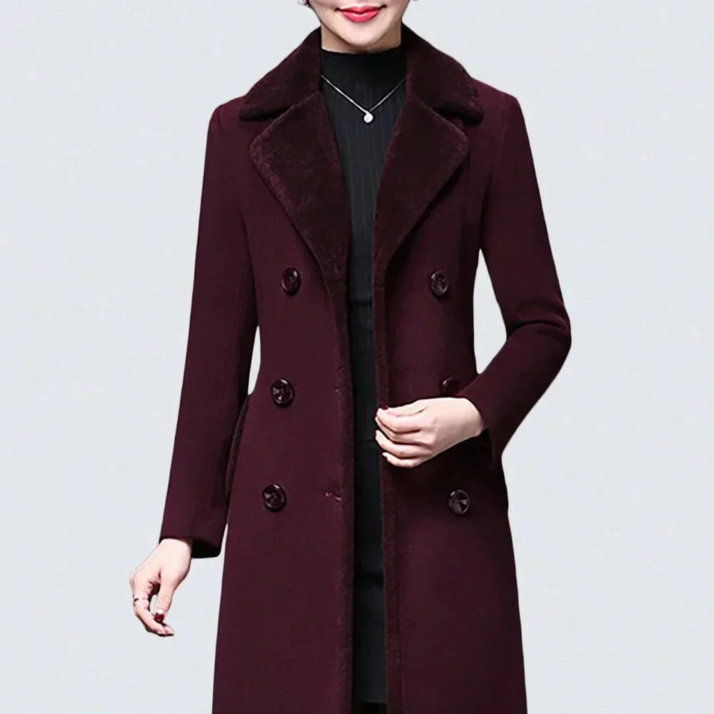 Purple Casual Women's Stylish Double-Breasted Notched Lapel Midi Pea Coat - Picture 5 of 6